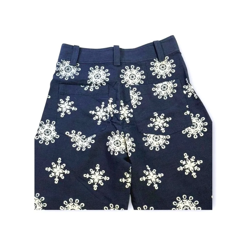 ZARA WOMAN HIGH-WAIST WIDE-LEG EMBROIDERED CULOTTES PANT NAVY BLUE  S XS 28